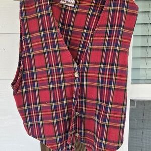 Red Plaid Button-Up Vest